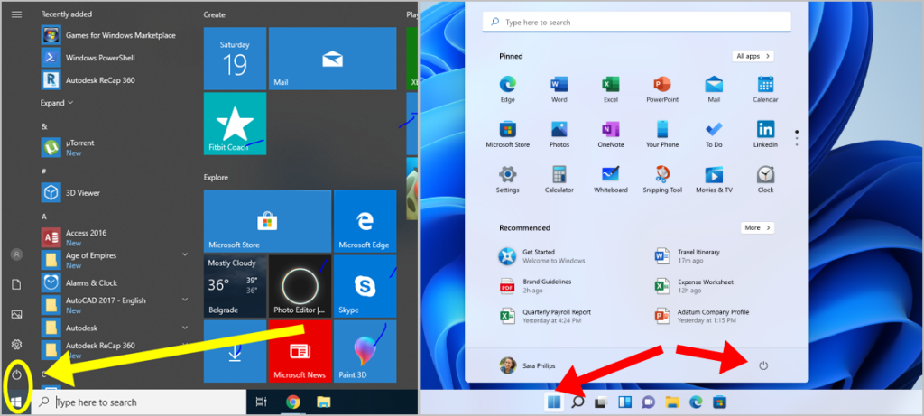 Tampilan Ikon Windows dan Power pada Windows 10 dan Windows 11 untuk mematikan laptop Asus
